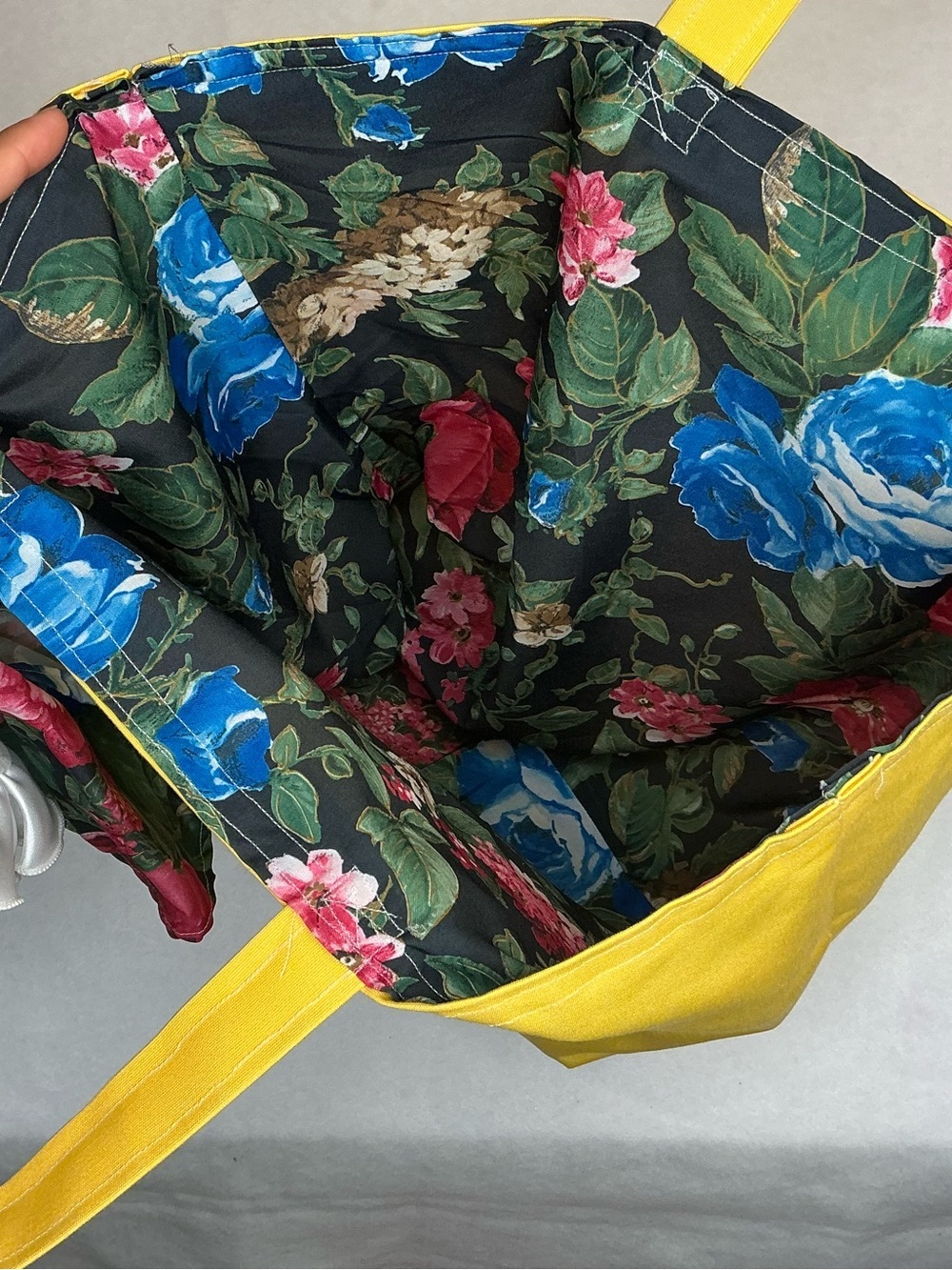 2034 - Handmade Sunny Yellow Canvas Tote with Floral Scarf and Rosette - Picture 13 of 16